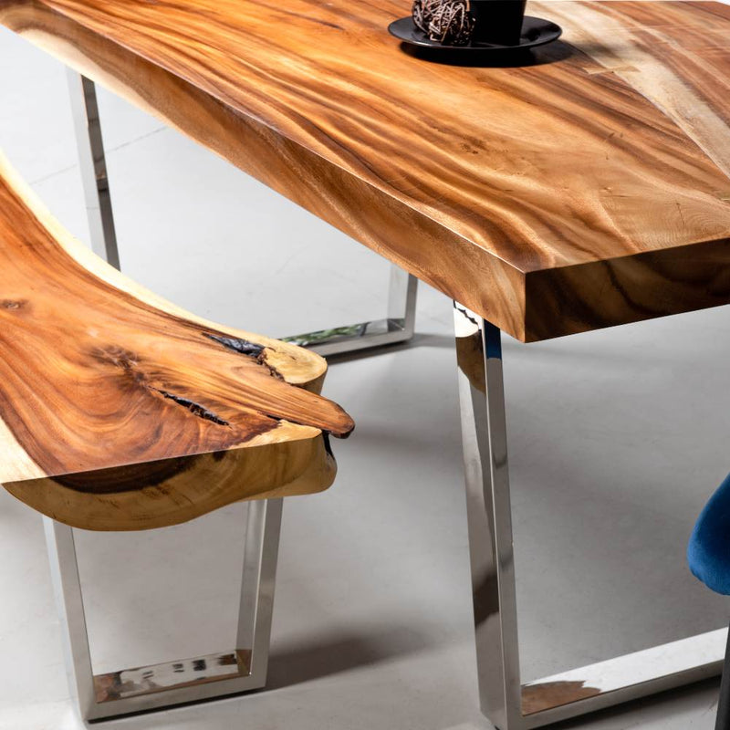 table en bois de Suar à coupe droite avec pieds en U chromés / naturel