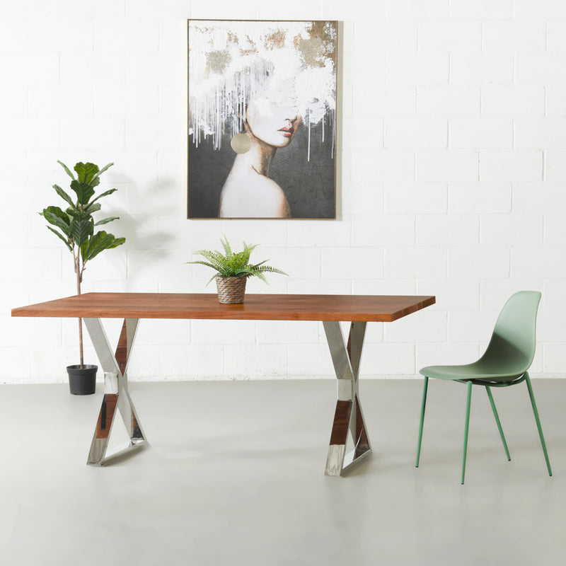 DANTON - Table en acacia à bord droit avec plateau de 3,5 cm d'épaisseur et pieds en X chromés