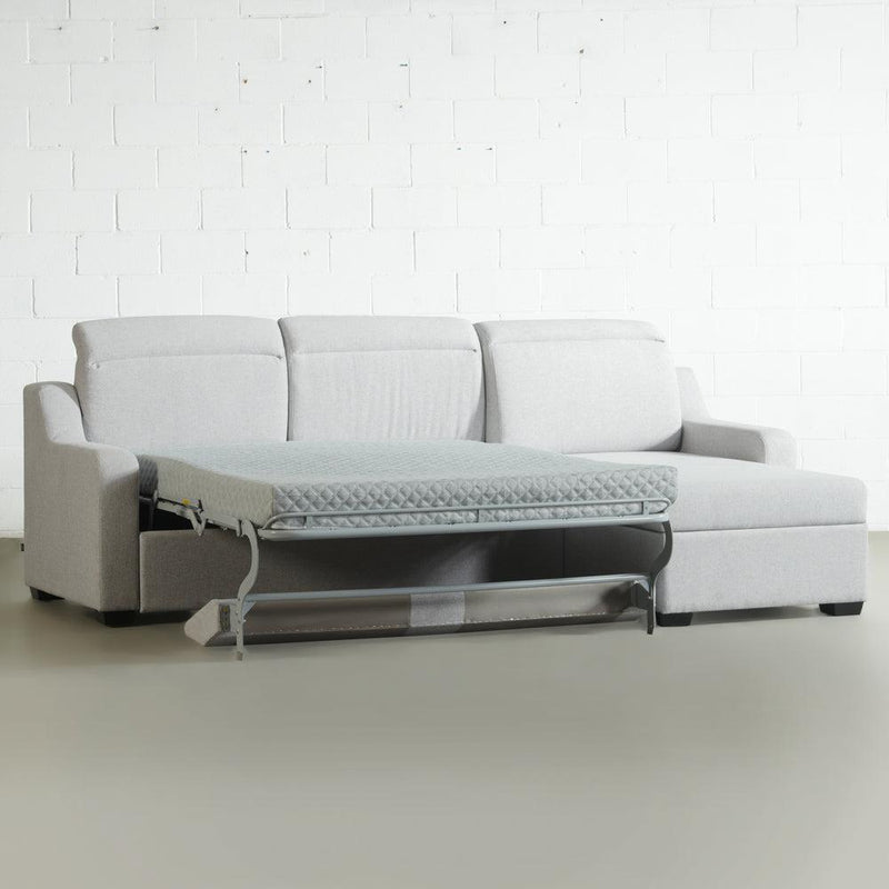 EVA - Canapé-lit sectionnel en tissu gris avec matelas à mémoire de forme et rangement - Gauche