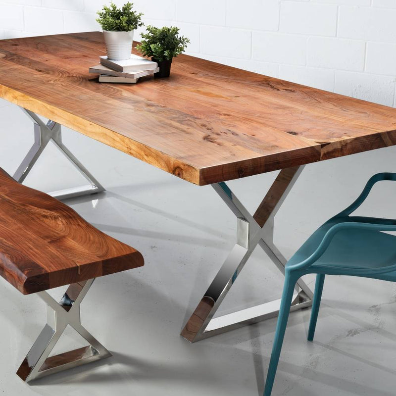Straight Cut Acacia Wood Table with Chrome X-Shaped Legs/Natural Colour - Wazo Furniture