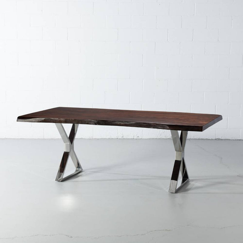 Live Edge Acacia Dining Table With Chrome X Legs/Honey Walnut - Wazo Furniture