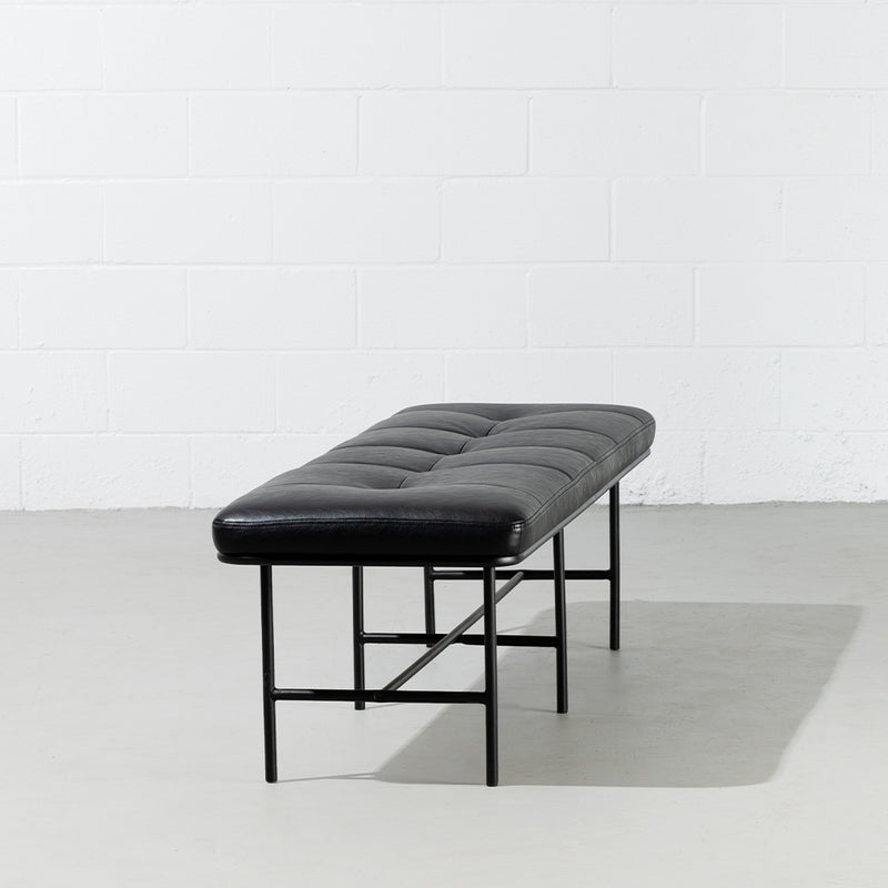 MILAN - Vintage Black Leather Bench w/ Black Metal Legs - Wazo Furniture