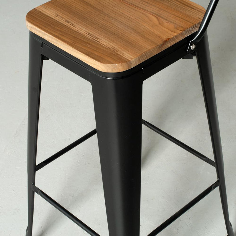 INDUSTRIE - tabouret de bar noir avec dossier et assise en bois (75 cm)