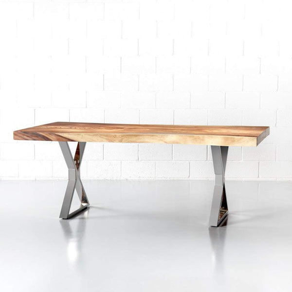table en bois de Suar avec pieds X chromés/naturel